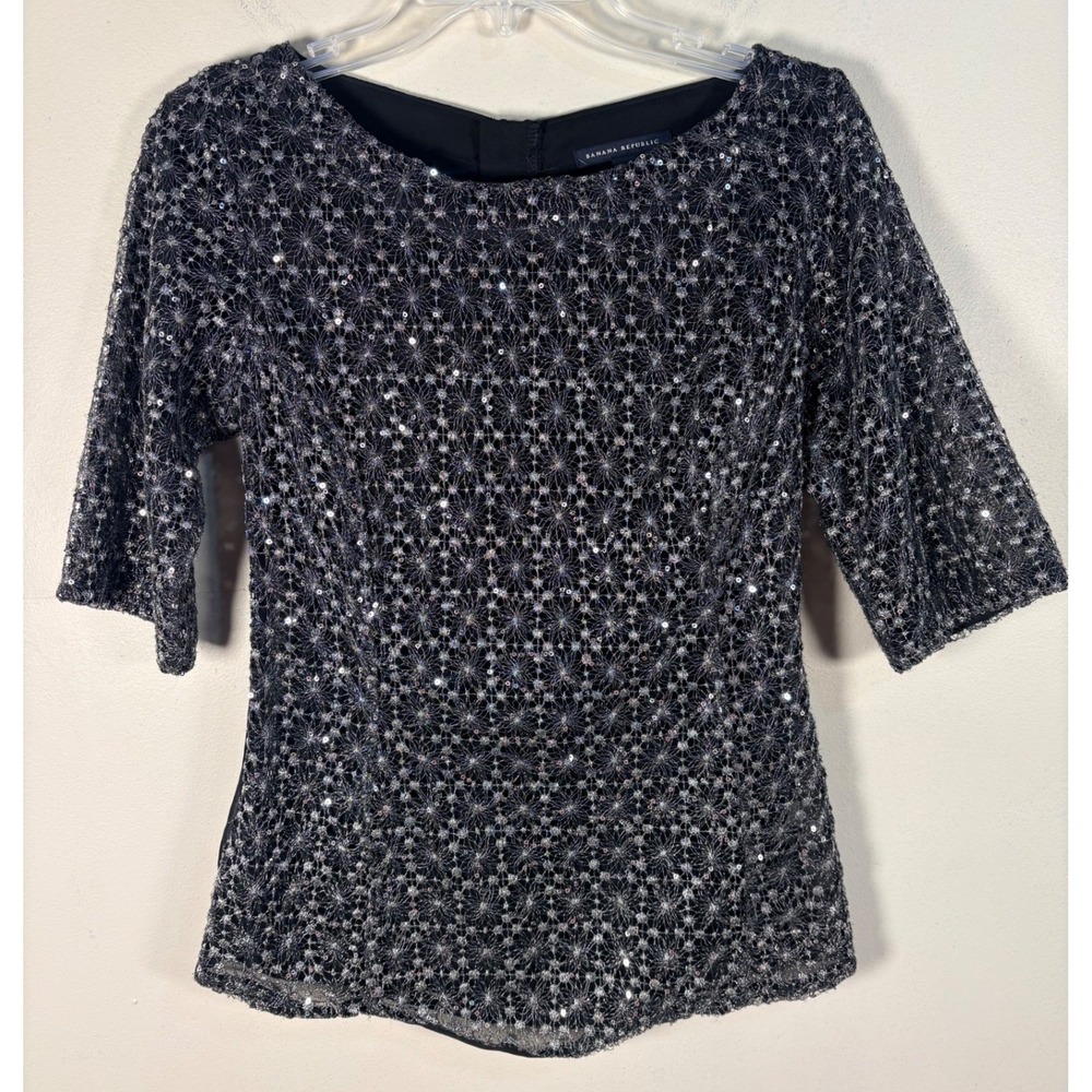 Banana Republic Sequin Lace Top Women 4 Black Excellent Zip Back Elbow Sleeve